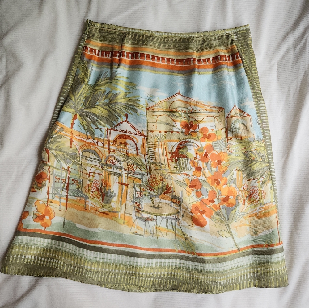 Sigrid Olsen 100% Silk Skirt Artsy Outdoor Cafe Print Sz 4 Nwot. SKIRT ONLY